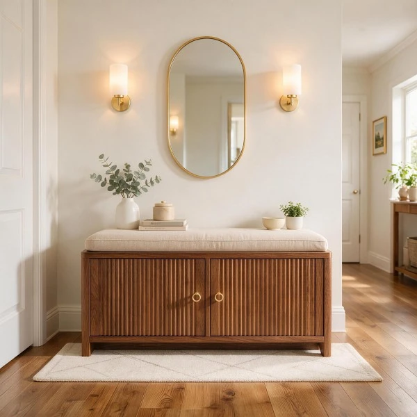 Fluted Walnut Entry Storage Bench factory