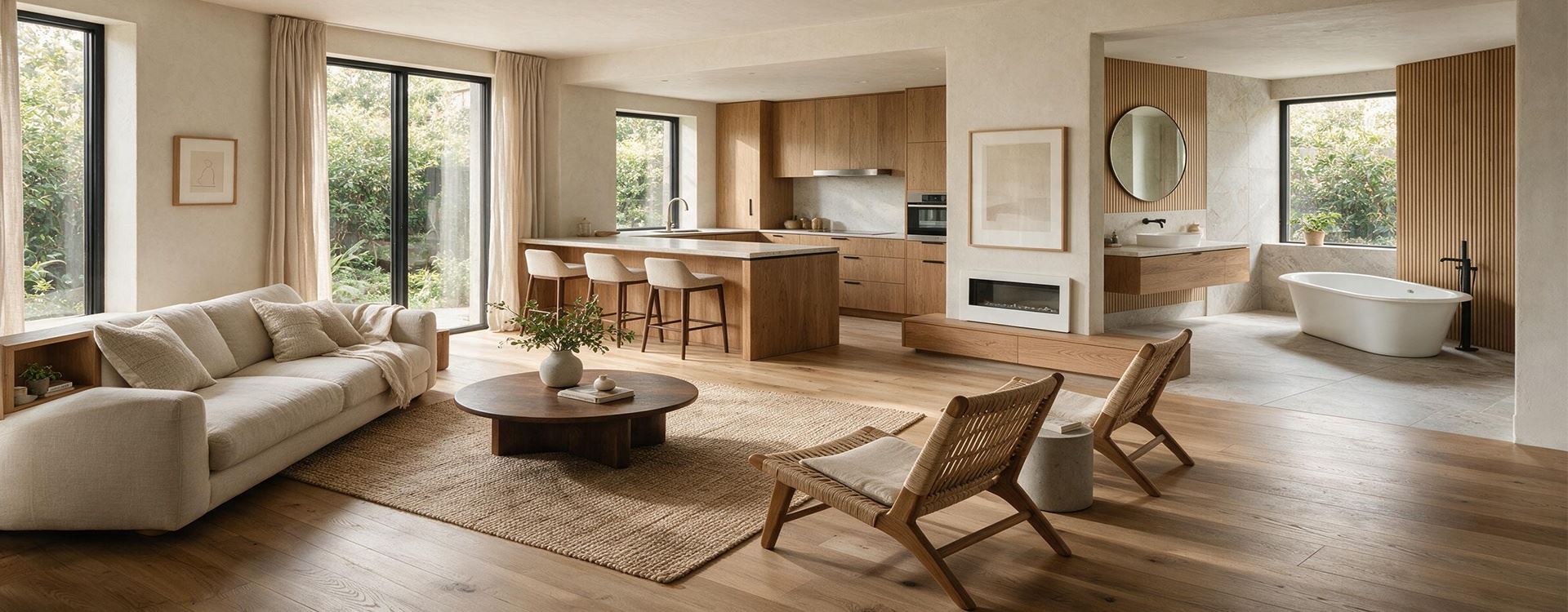 Modern wooden living space with kitchen, bathroom and living room furniture by ZA Living